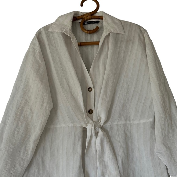 Zara | Tie Front Striped Button Front Tunic Top Size M - Picture 2 of 10